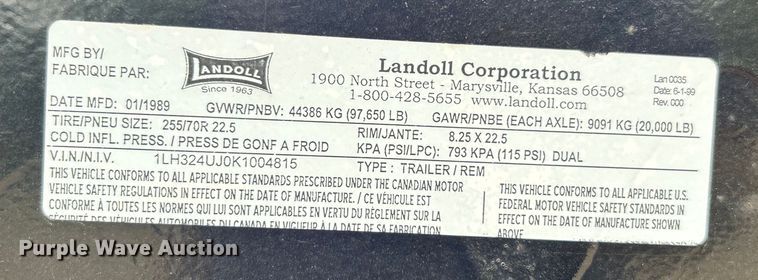 image for item DO1153 1989 Landoll Corp. lowboy equipment trailer