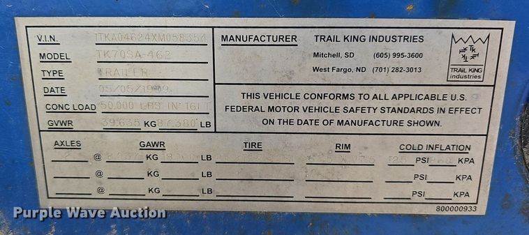 image for item DP0855 1999 Trail King TK70SA-462 drop deck trailer