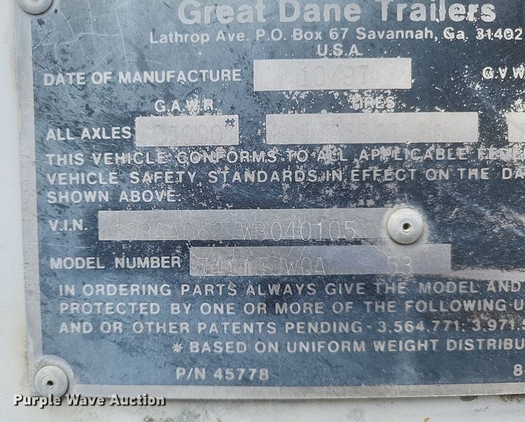 image for item DR4768 1998 Great Dane  7411TJW0A dry van trailer