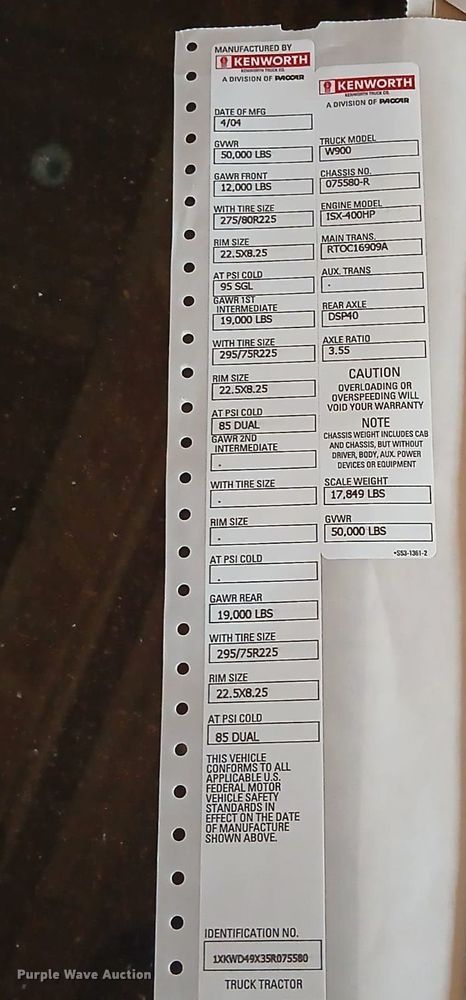 image for item DU3008 2005 Kenworth  W900  semi truck