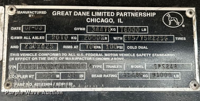 image for item EG1480 2004 Great Dane  GPS248 flatbed trailer