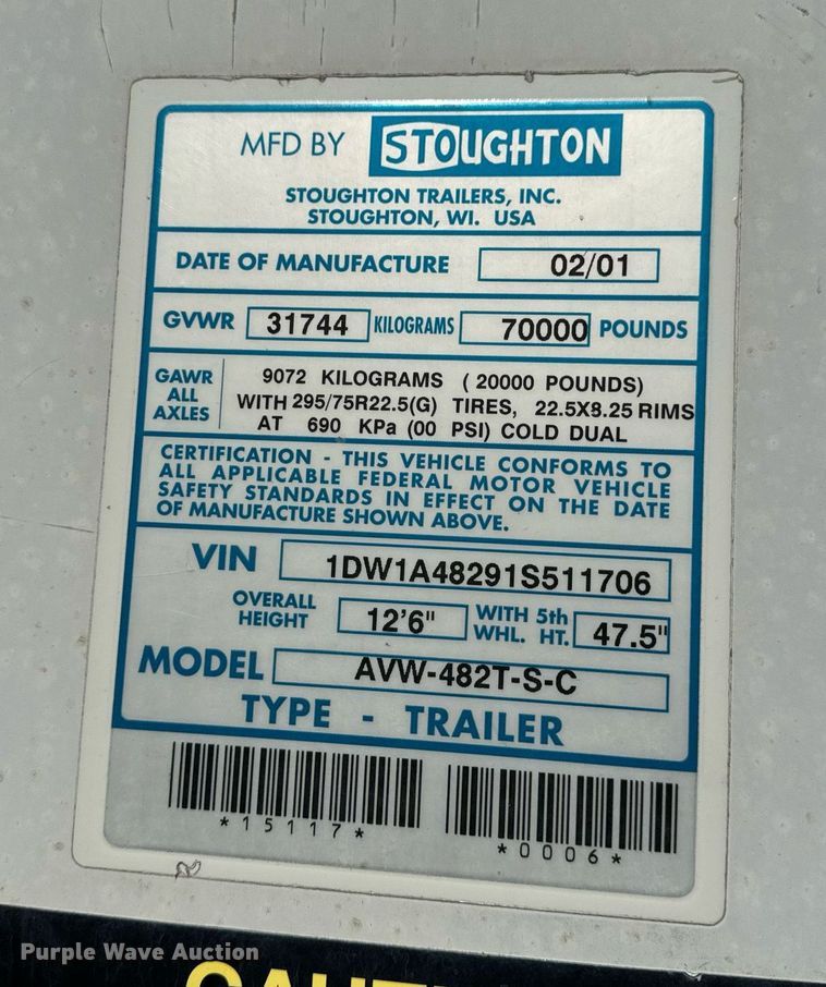 image for item EH6700 2001 Stoughton AVW-482T-S-C dry van trailer