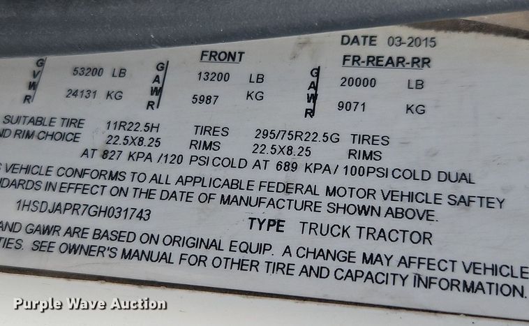 image for item EI3655 2016 International  ProStar Plus 122 semi truck