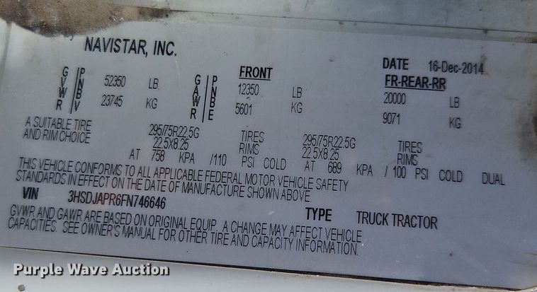 image for item EI3656 2015 International ProStar Plus 122 semi truck