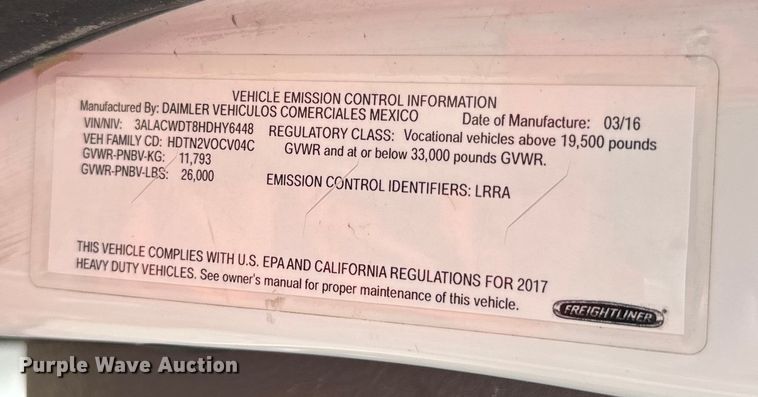 image for item EJ2685 2017 Freightliner  Business Class M2 box truck