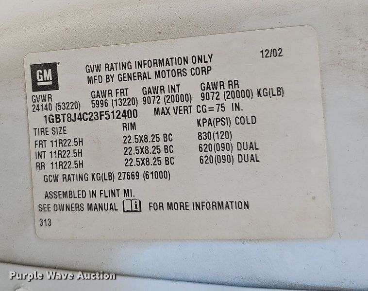 image for item EJ5367 2003 Chevrolet C8500 dump truck