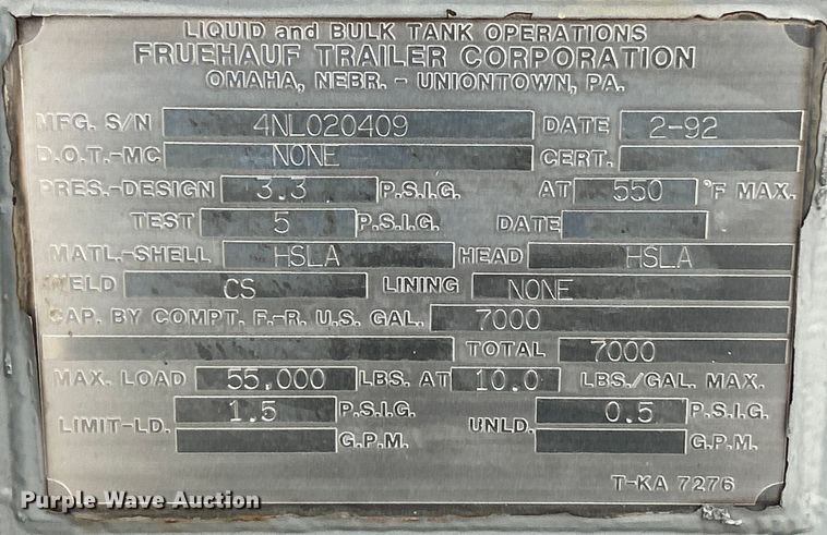 image for item EK4387 1992 Fruehauf tank trailer