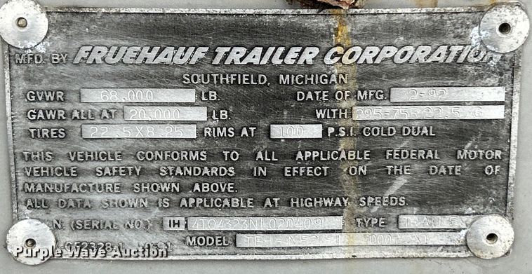 image for item EK4387 1992 Fruehauf tank trailer