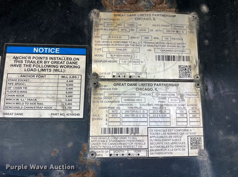 image for item LD9522 2016 Great Dane flatbed trailer