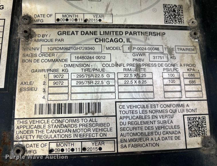 image for item LD9522 2016 Great Dane flatbed trailer