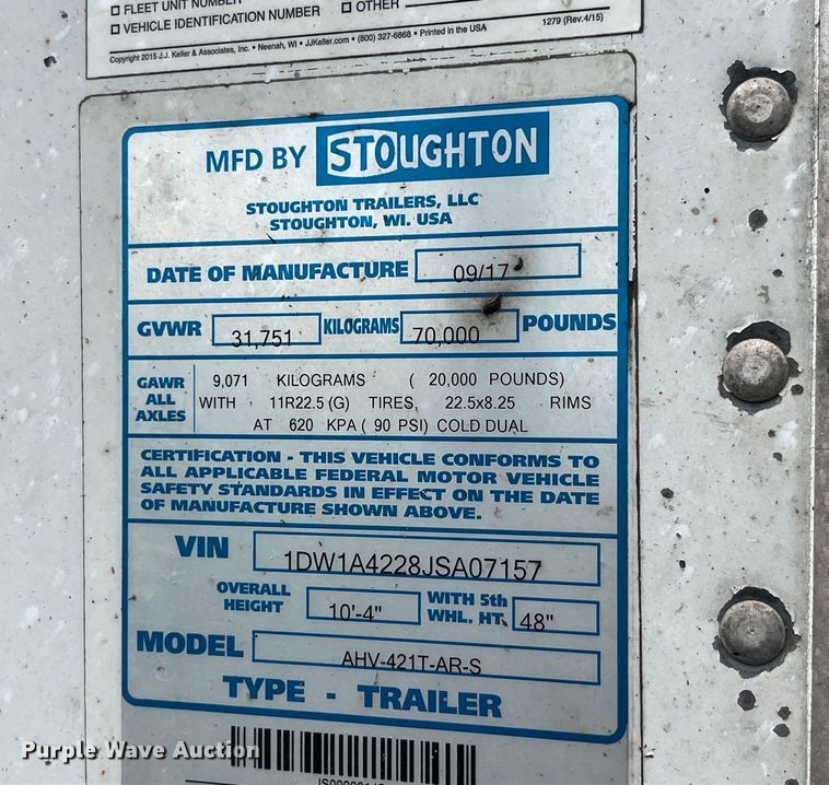 image for item LD9524 2018 Stoughton AHV-421T-AR-S grain trailer