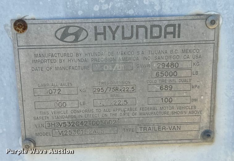 image for item NL9707 2002 Hyundai  V12530152AJS dry van trailer