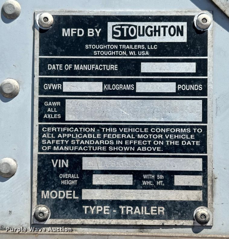 image for item OE9159 2012 Stoughton DVW-285S-C-WDC dry van trailer