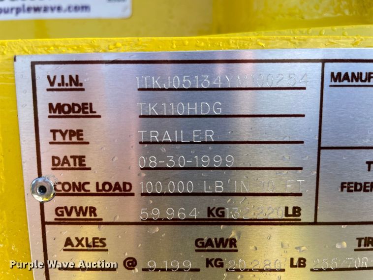 image for item OG9907 2000 Trail king  TK110HDG lowboy equipment trailer