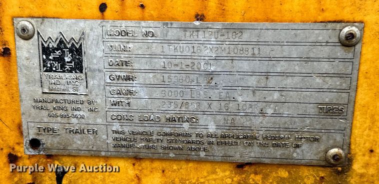 image for item NL9805 2002 Trail King TKT12U-162 tilt deck equipment trailer