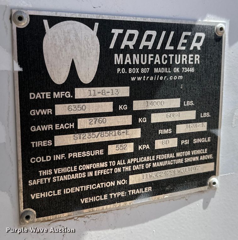 image for item DK6571 2014 WW enclosed cargo trailer