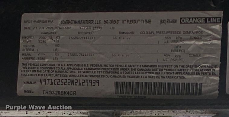 image for item DM7853 2022 Orange Line TH10 utility trailer