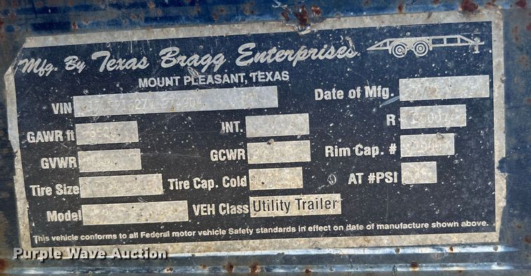image for item DO1133 1997 Texas Bragg Enterprise utility trailer