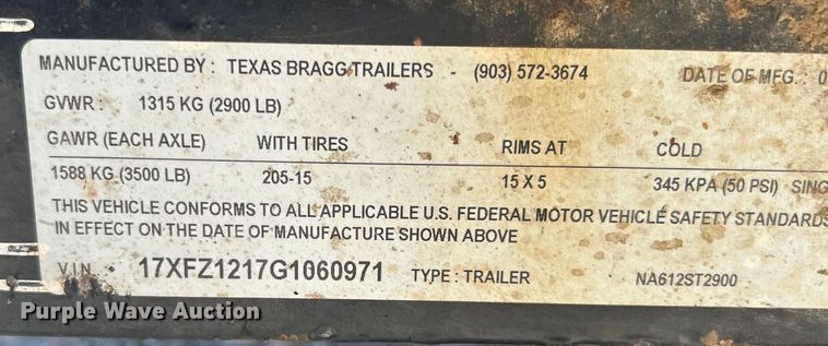 image for item DO6482 2016 Texas Bragg NA612ST2900 utility trailer