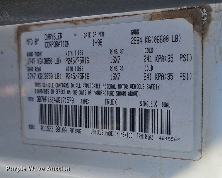 image for item DP0895 1998 Dodge Ram 1500 Laramie SLT Quad Cab pickup truck