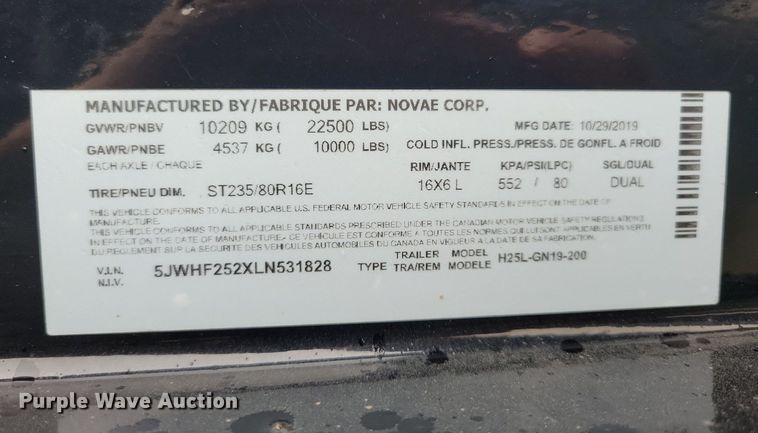 image for item DR4291 2020 H & H H25L-GN19-200 equipment trailer 