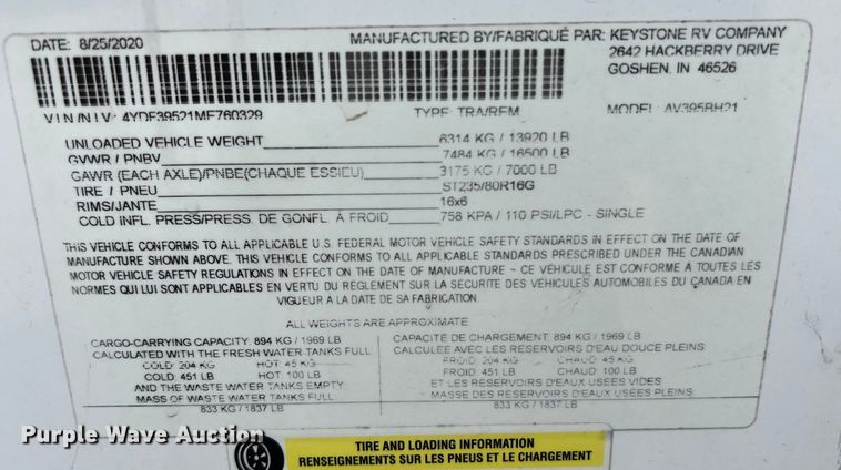 image for item DS3034 2021 Keystone Avalanche 395 BH Camper