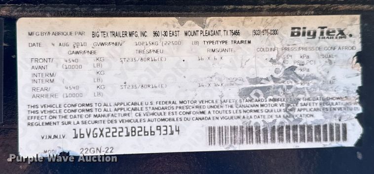 image for item DX0473 2010 Big Tex 22GN-22 equipment trailer