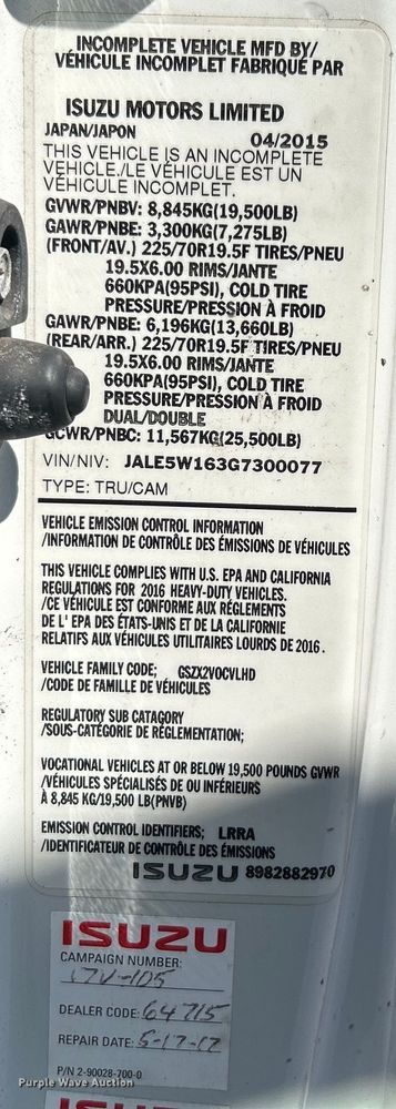 image for item EG1372 2016 Isuzu NPR box truck