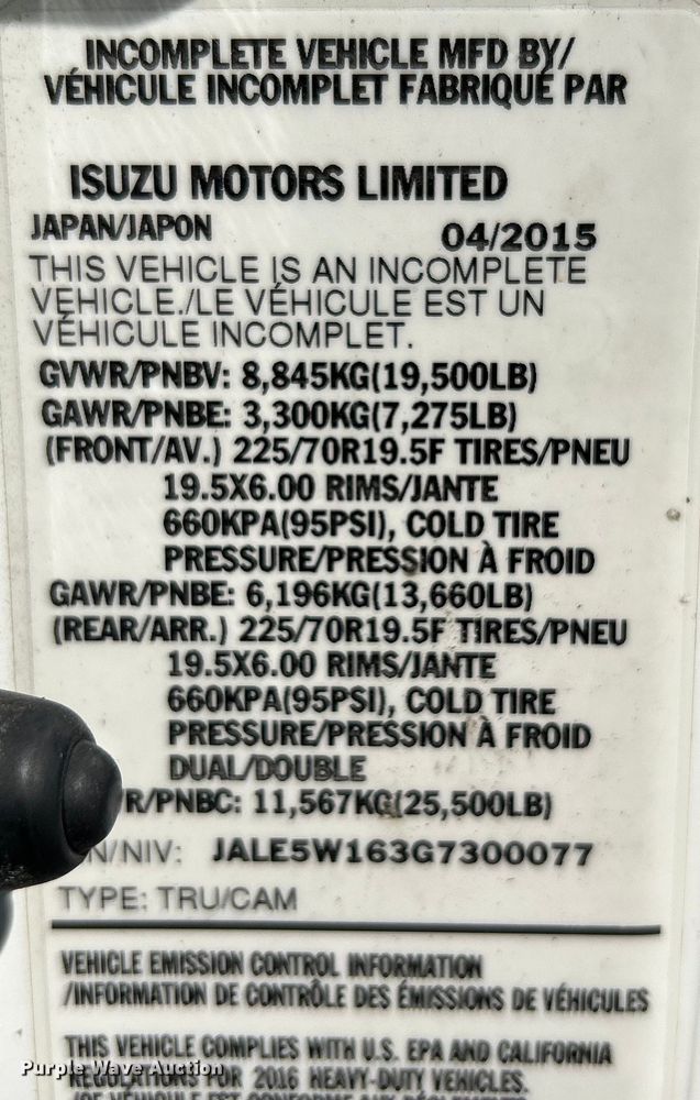 image for item EG1372 2016 Isuzu NPR box truck