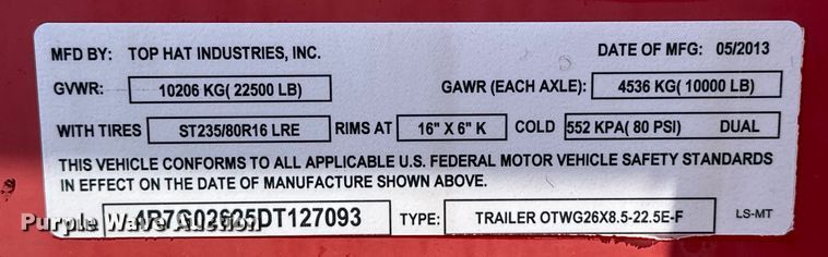 image for item EG1556 2013 Tophat OTWG26X8.5-22.5E-F equipment trailer