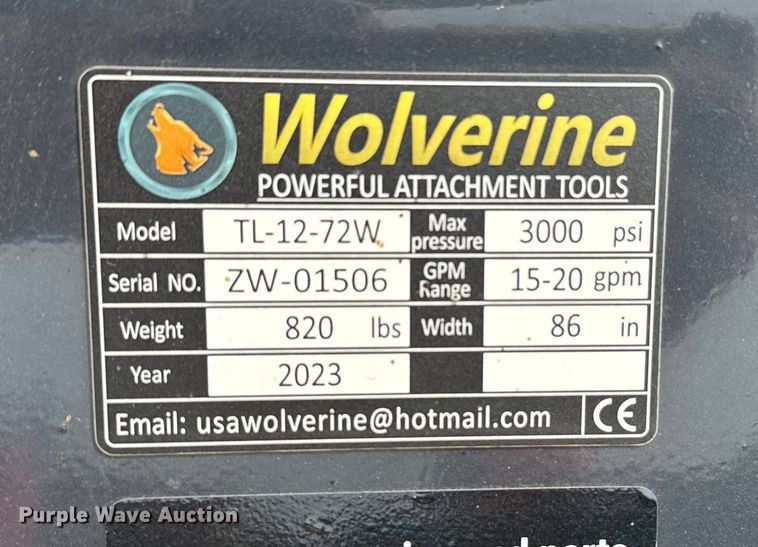 image for item EJ0634 2023 Wolverine TL-12-72W skid steer tiller