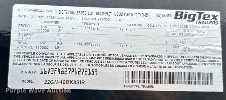 image for item EJ2698 2023 Big Tex 22GN-40BK8SIR equipment trailer