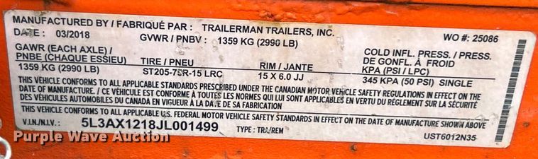 image for item EK4614 2018 Trailerman Trailers Inc UST6012N35 utility trailer
