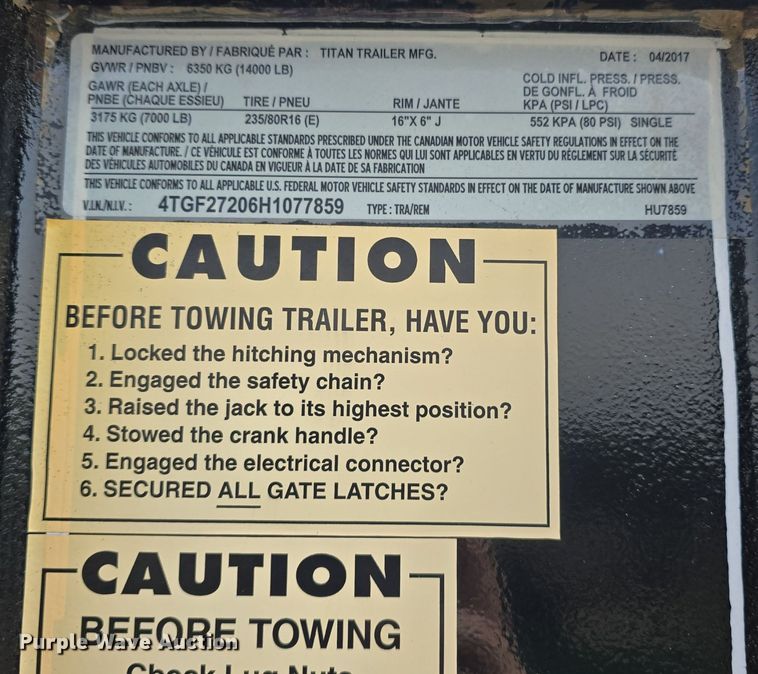 image for item EK5916 2017 Titan HU7859 equipment trailer