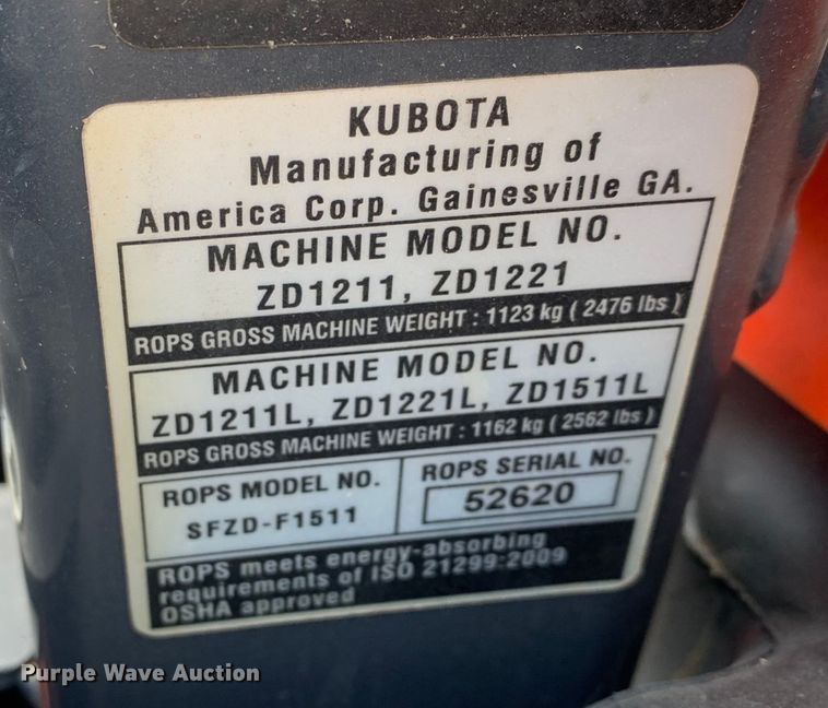 image for item KX9996 2022 Kubota ZD1211 ZTR lawn mower