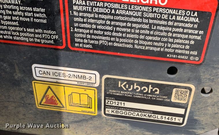 image for item KX9996 2022 Kubota ZD1211 ZTR lawn mower