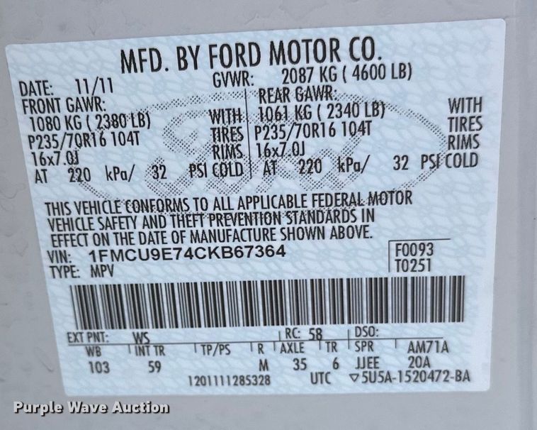image for item LR9330 2012 Ford  Escape  
