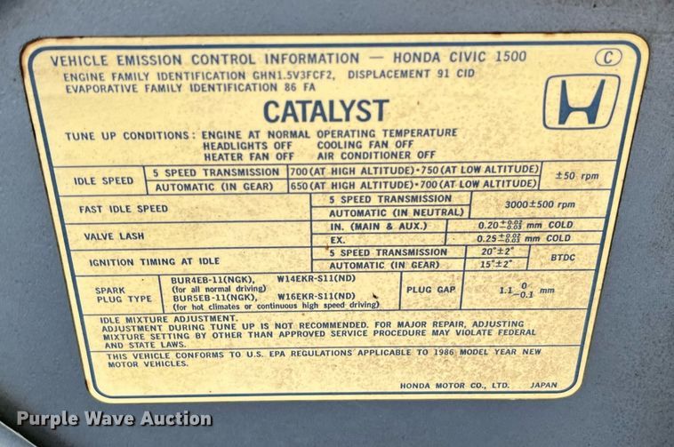 image for item MN9322 1986 Honda Civic   