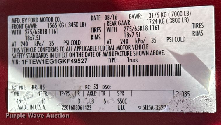 image for item ND9329 2016 Ford  F150 SuperCrew pickup truck