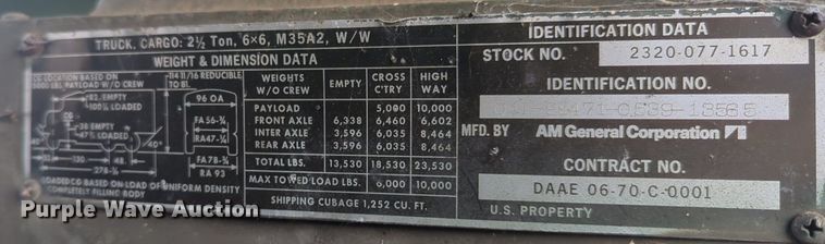 image for item NG9755 1971 AM General M35 flatbed truck