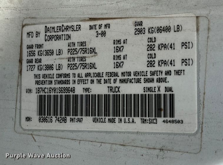 image for item NL9810 2001 Dodge Ram 1500 utility bed pickup truck