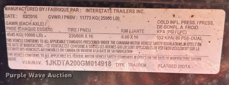 image for item DK6573 2016 Interstate  20DTA equipment trailer