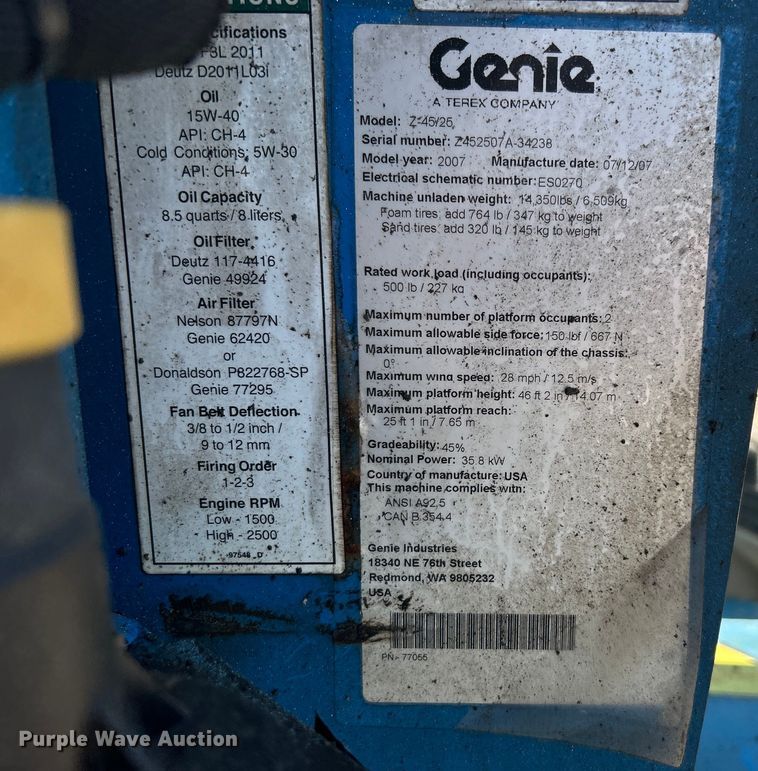 image for item DO1110 2007 Genie Z-45/26 boom lift