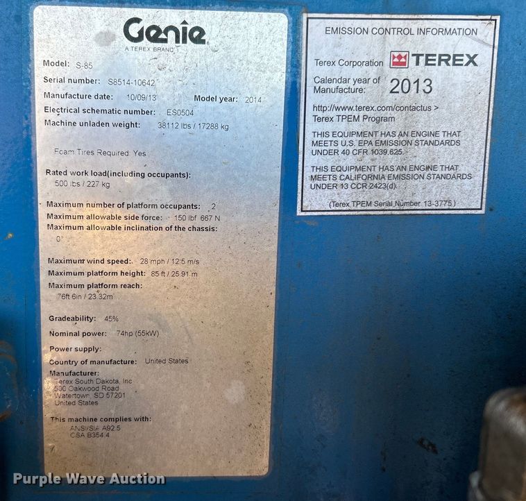 image for item DO1111 2013 Genie S-85 boom lift