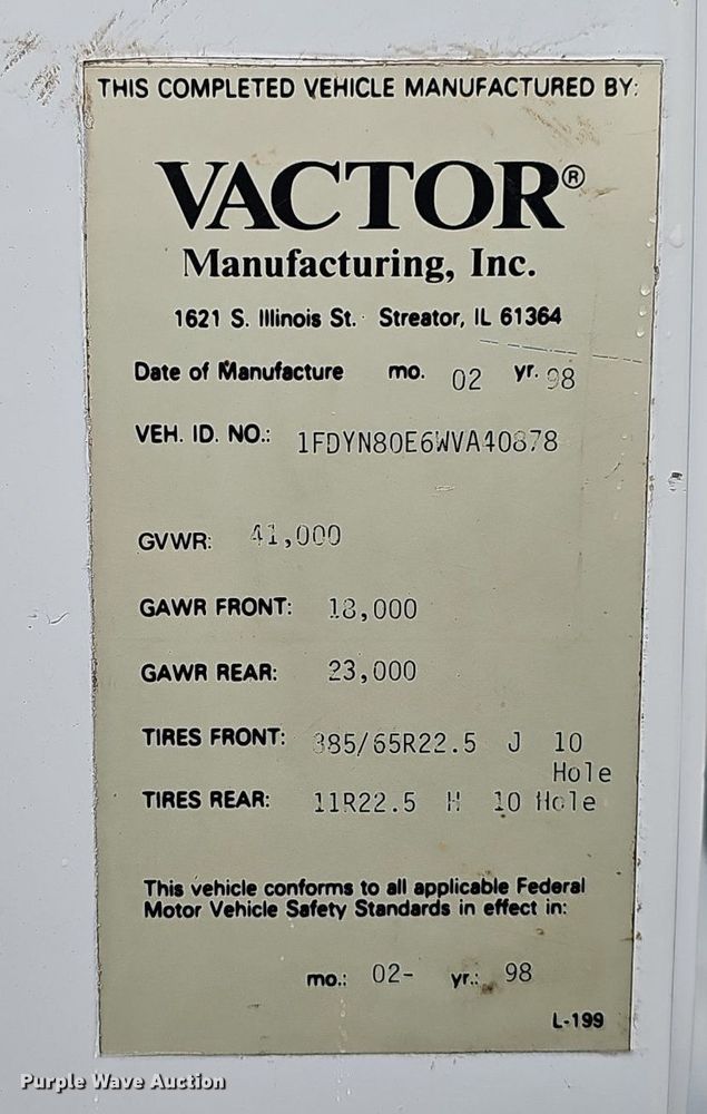 image for item DP0862 1998 Ford L8501 sewer jetter truck