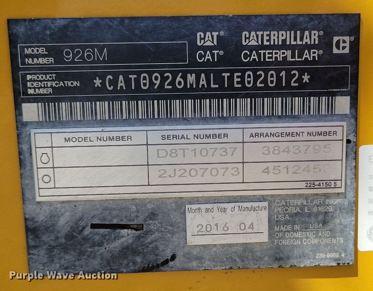 image for item DP1453 2016 Caterpillar 926M wheel loader