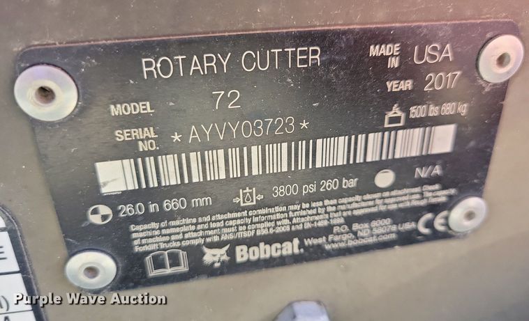 image for item DR4305 2017 Bobcat 72 skid steer rotary mower