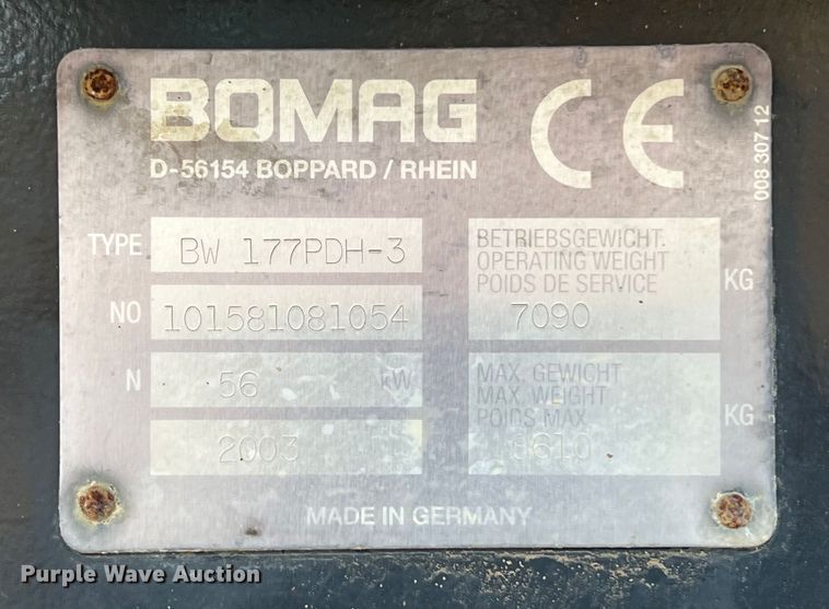image for item DS2947 2003 Bomag BW 177PHD-3 single drum vibratory roller