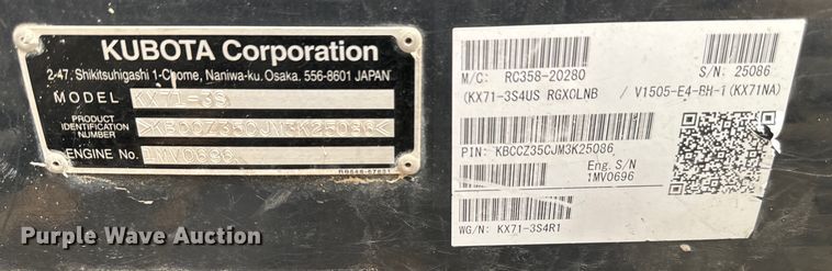 image for item DS2956 2019 Kubota KX71-3S mini excavator
