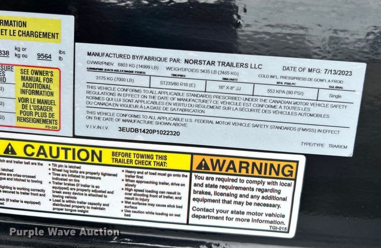 image for item EG1535 2023 Norstar Trailers LLC dump trailer